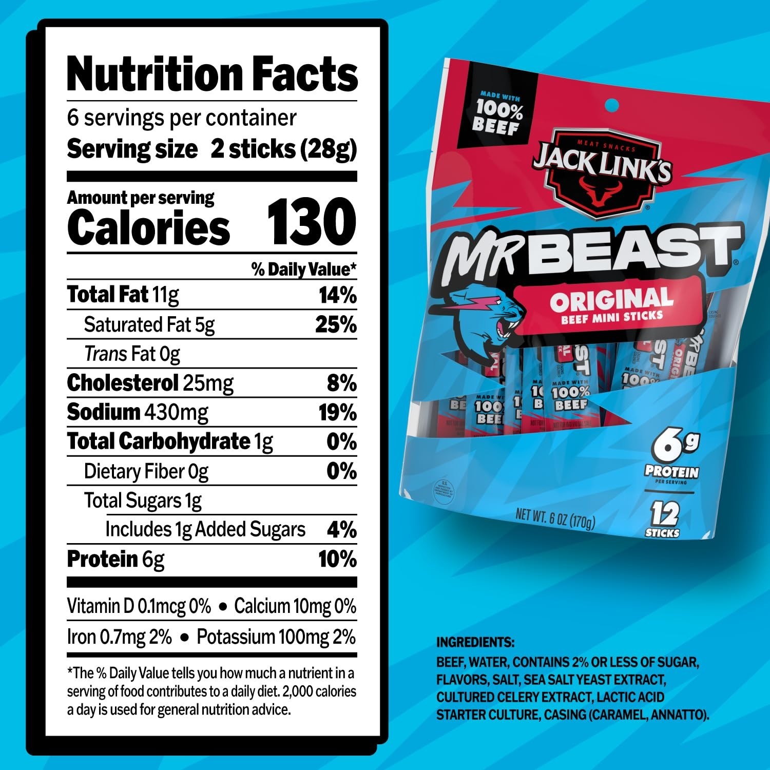MrBeast Beef Jerky Sticks - 12 Individually Wrapped Snacks - 6g Protein Each