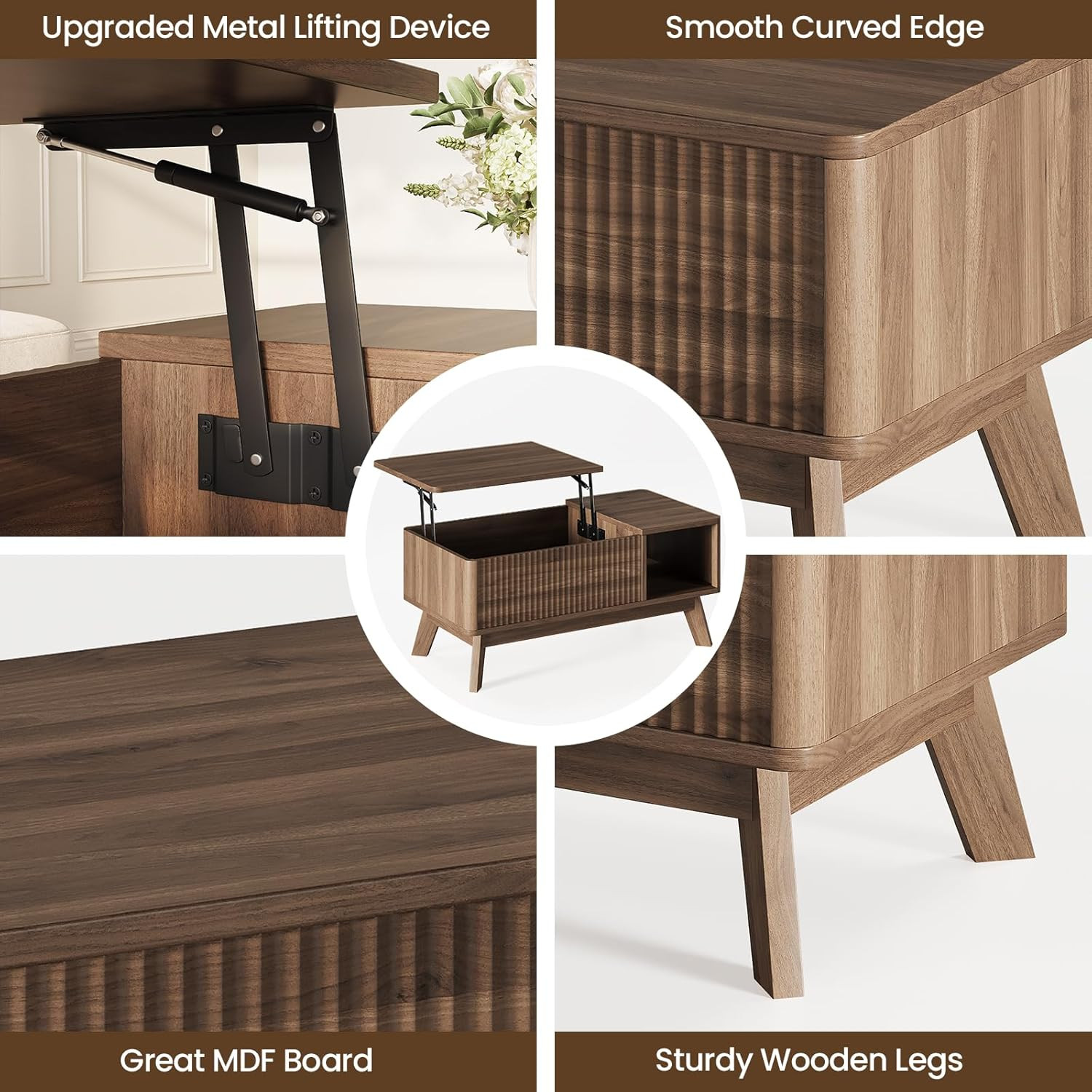 Fluted Coffee Table with Hidden Storage,Modern Wood Coffeetable with Open Shelf,