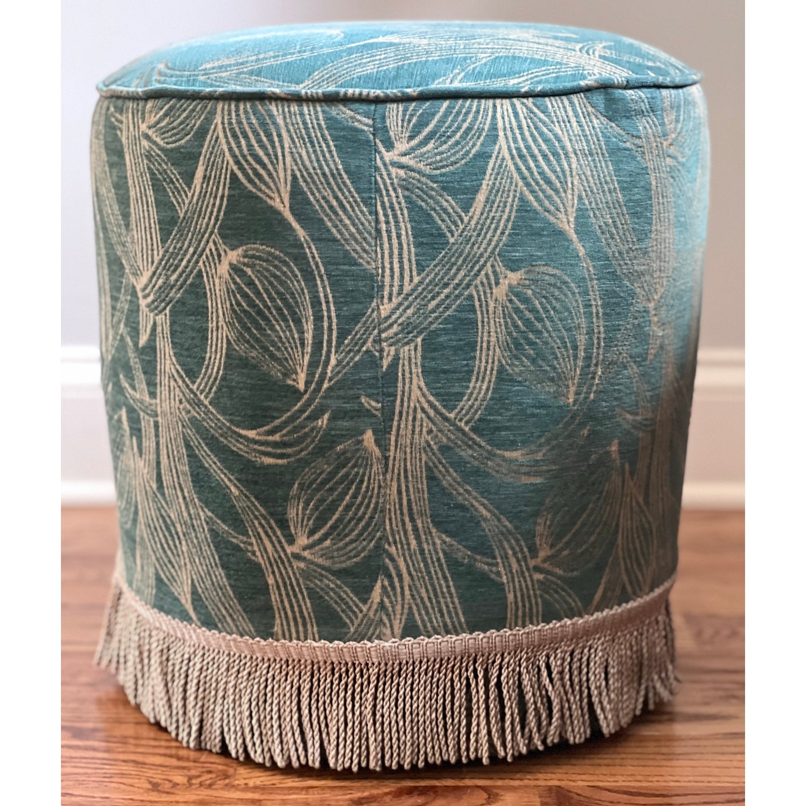 Gubi Pouffe Ottoman Round Stool Upholstered Mid Century Art Deco Fringe Trim 15”