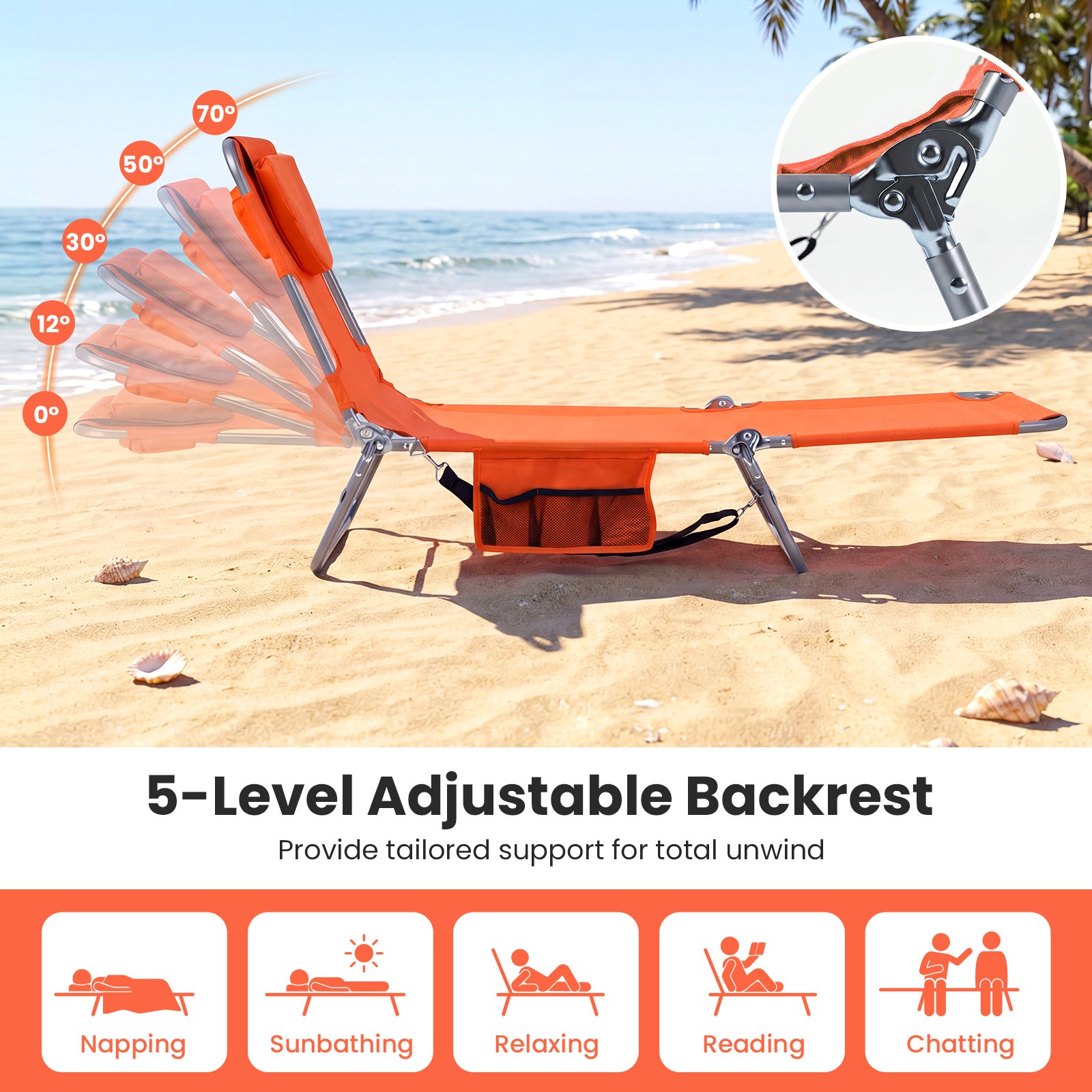 2PCS Tanning Chair,Folding Beach Lounge Chair w/5-Position Adjustable Backrest
