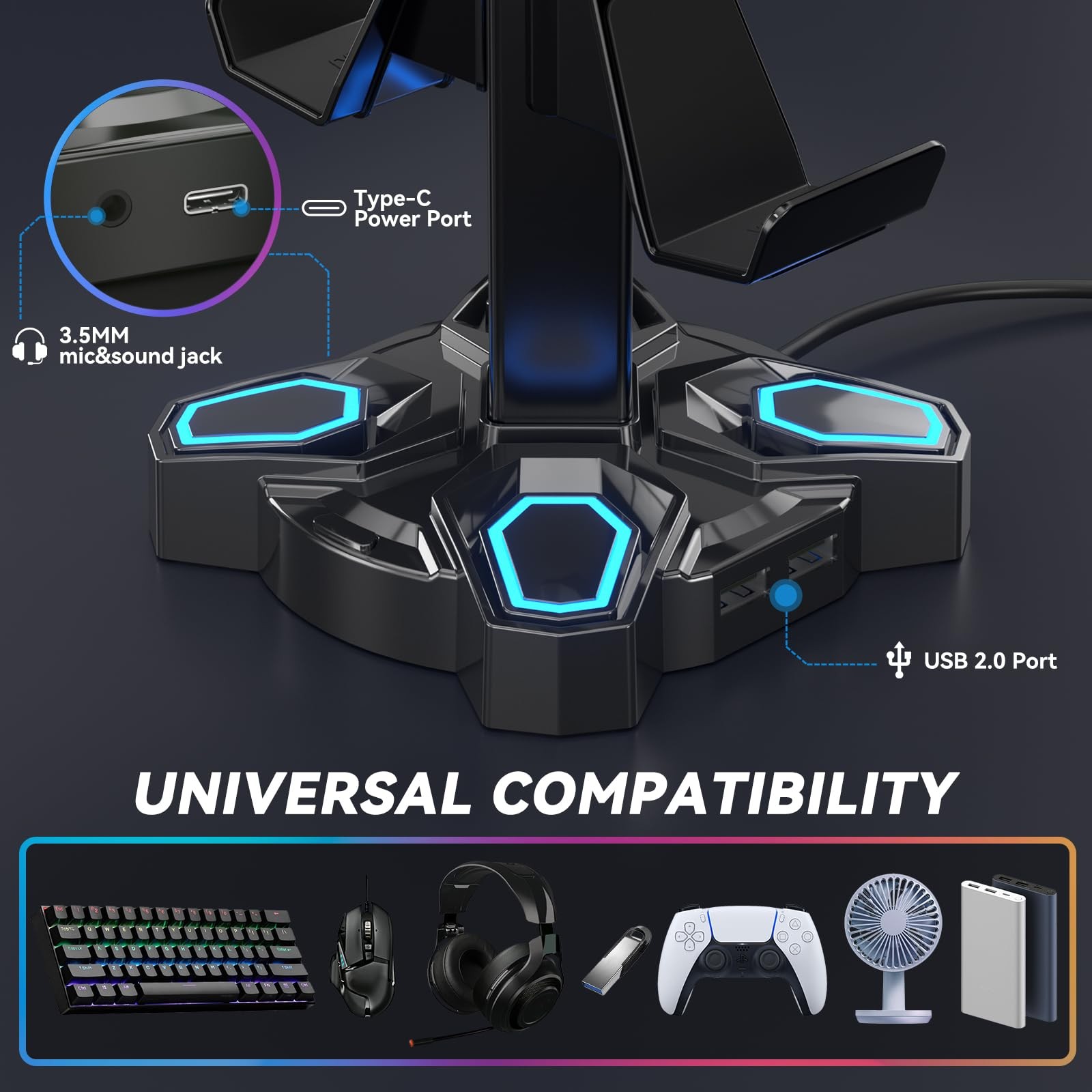 KDD Gaming Headphones Stand, Rotatable Headset Stand with Light Modes - Black