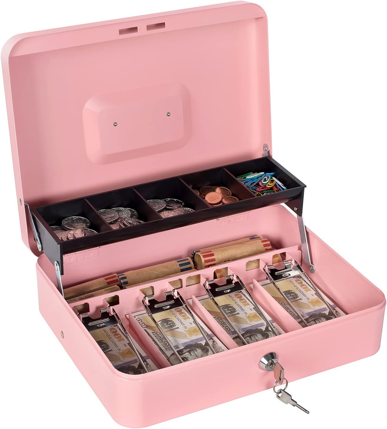 Cash Box with Money Tray and Lock - Metal for Pink Key