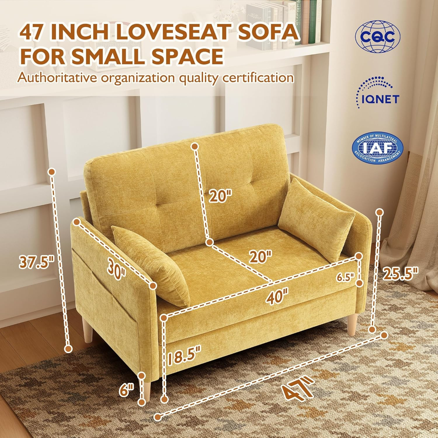 Urhanherry 47" Small Sofa Couch for Bedroom, Soft Chenille Loveseat Mini Couch w