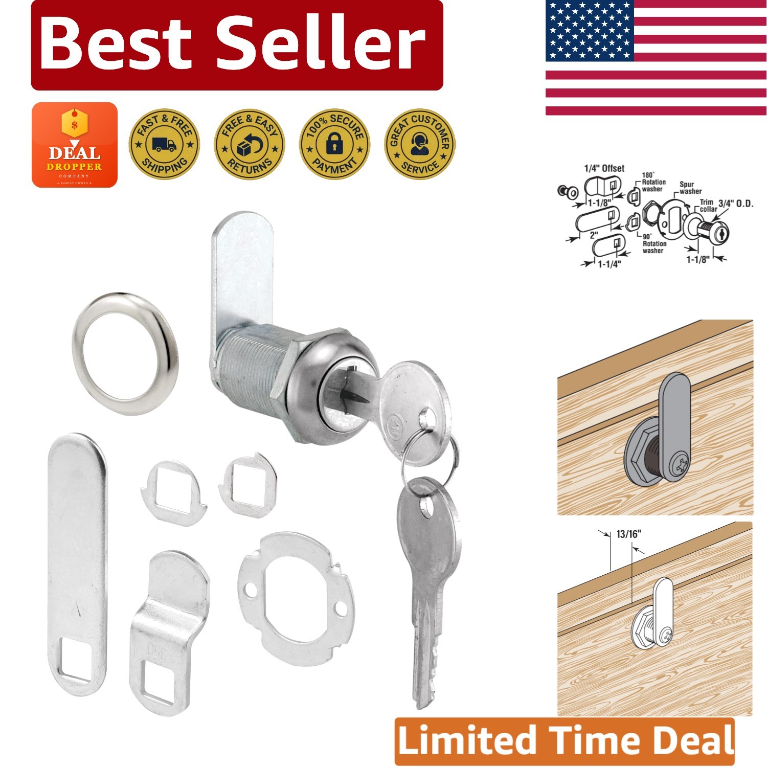 Secure Cabinet and Drawer Lock – U 9945 Keyed Different, Stainless Steel Finish