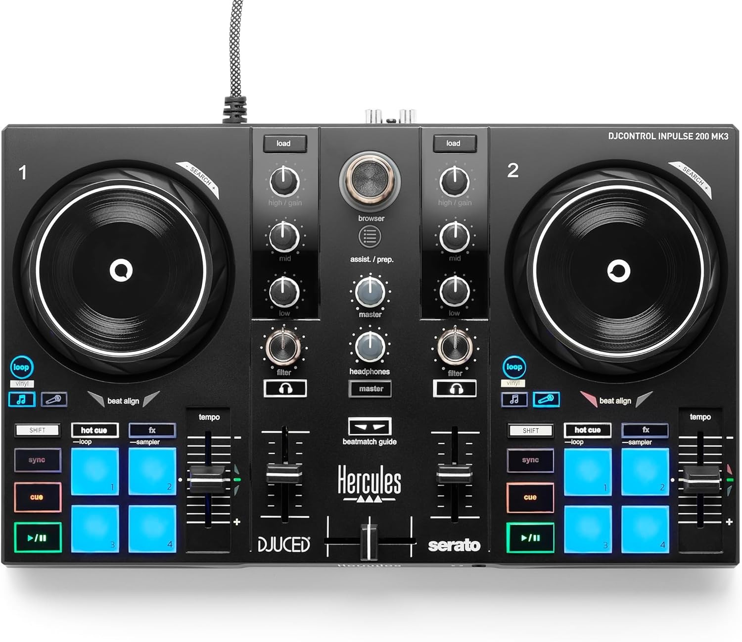 Hercules DJControl Inpulse 200 MK3 DJ Controller, 2 Deck DJ Mixer with Jog Wheel