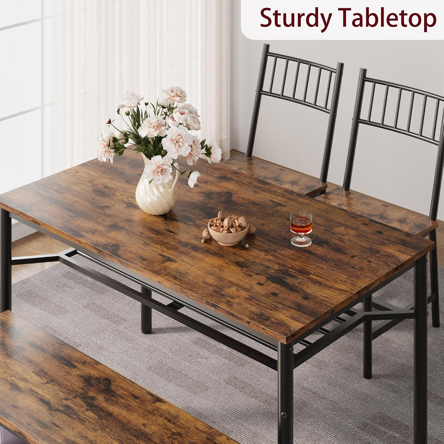 Dining Table Set for 4 with Bench and Chairs, 4-Piece Kitchen Table Set with Sto