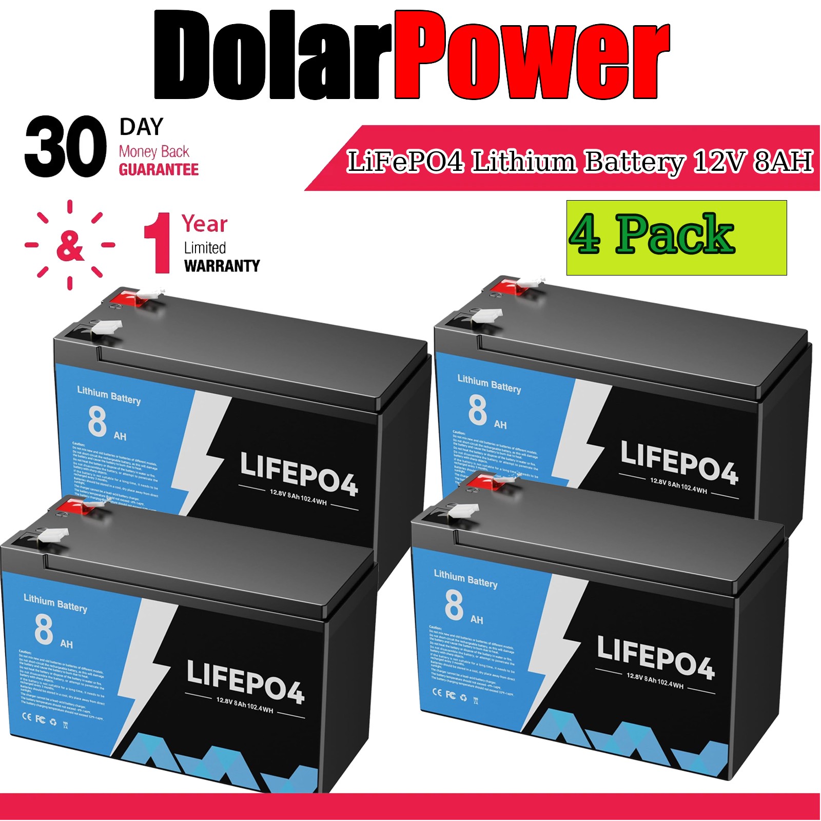 LiFePO4 Deep Cycle Lithium Battery 12V 8AH BMS 5000+ Cycle for Solar RV Off-grid
