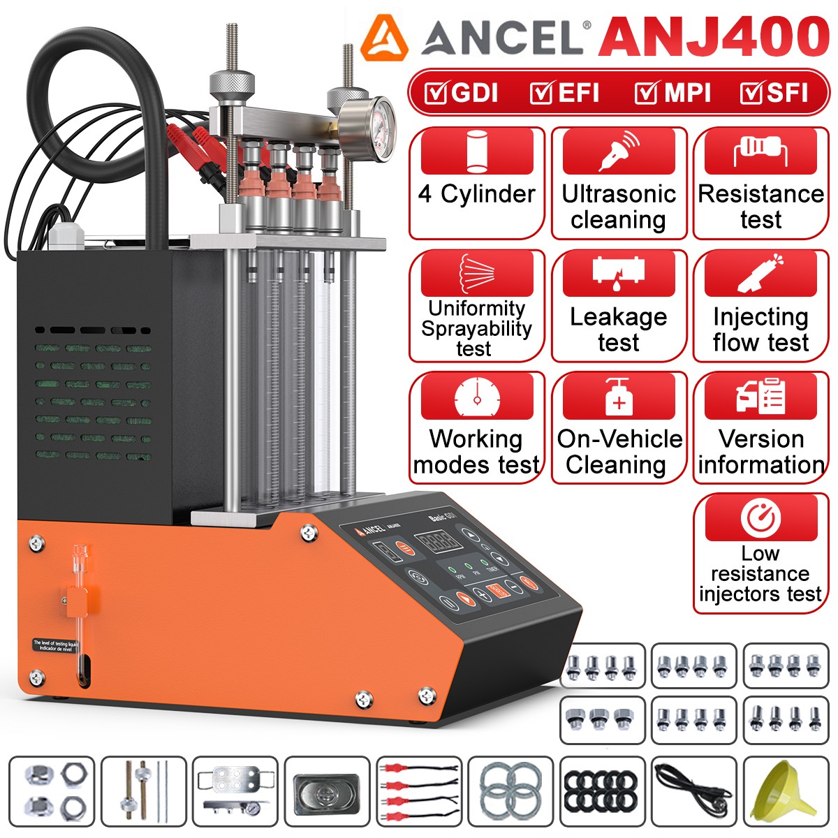 ANCEL ANJ400 Ultrasonic Fuel Injector Cleaner Tester Flow Leak Tester 4-Cylinder