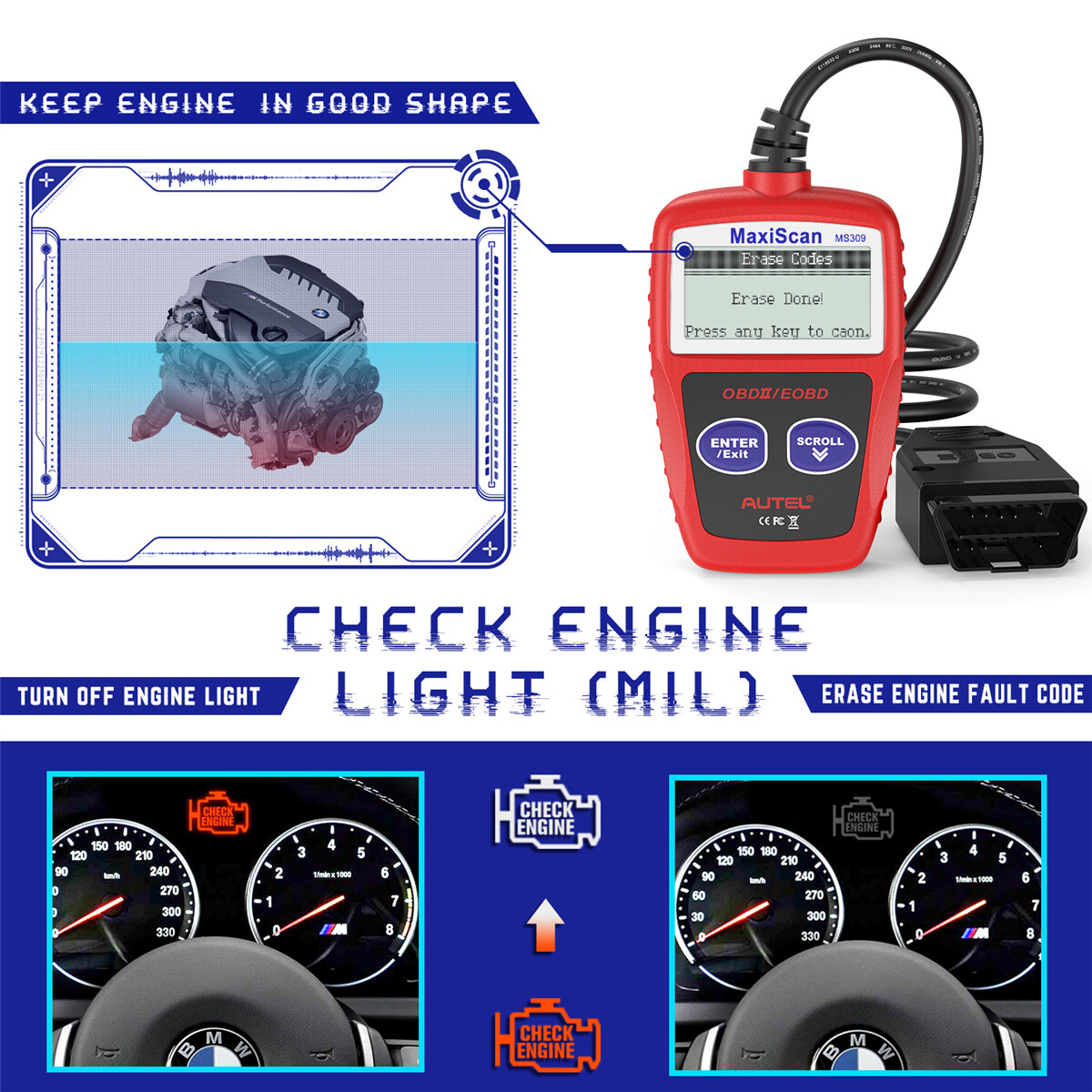 Autel OBD2 Scanner MS309 Universal Car Engine Fault Code Reader OBDII CAN Scan