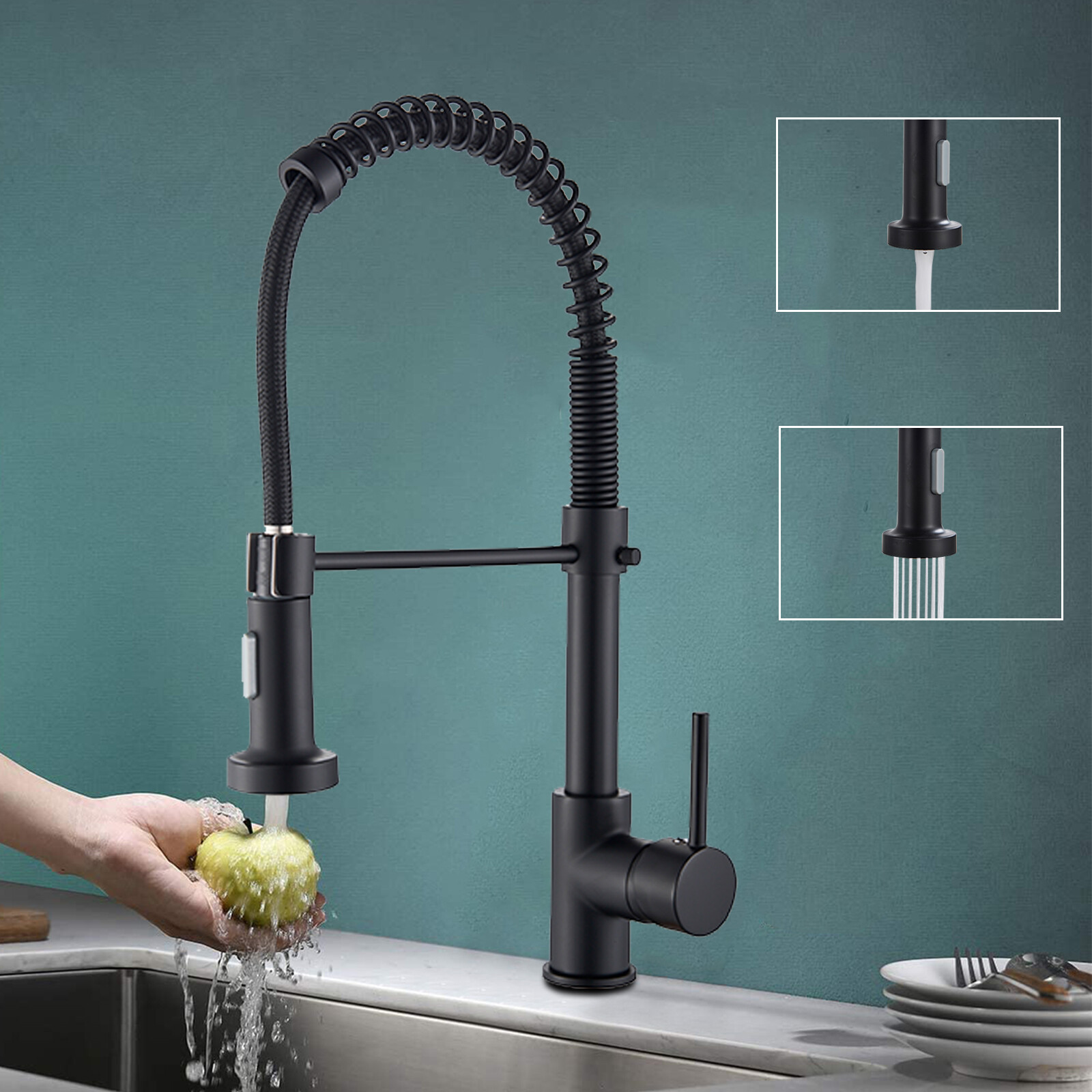 Kitchen Faucet Pull Down Sprayer Swivel Black Single Handle Sink Mixer Tap 1Hole