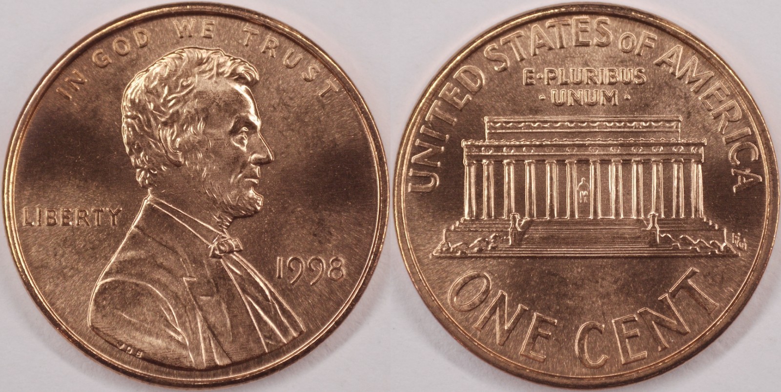 United States 1998 1 Cent Lincoln Memorial KM#201a Copper Plated Zinc