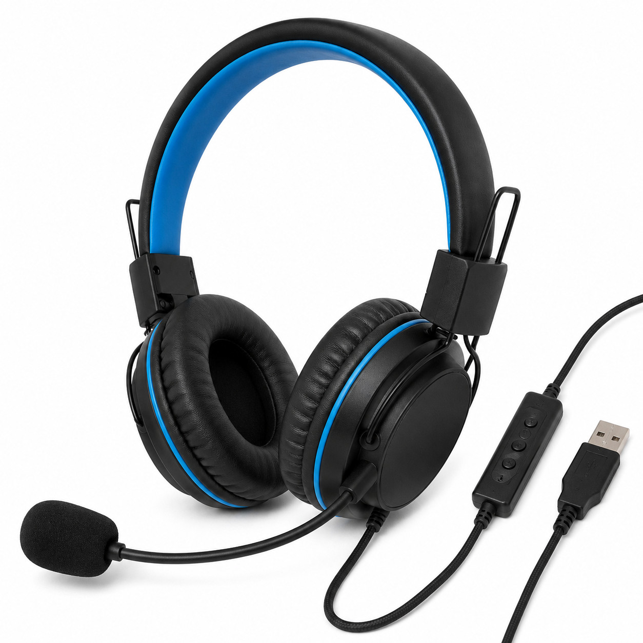CODi A04513 USB-A Stereo Headset Boom Mic Inline Controls Blue Black Open Box