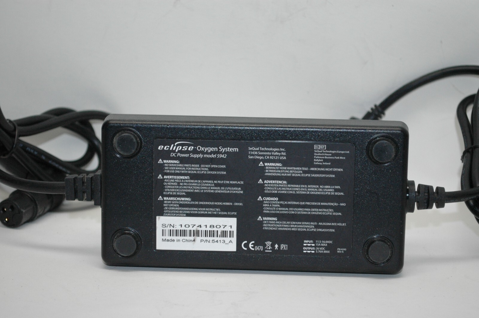 Eclipse Oxygen System DC Power Supply Model 5942 3 Pin