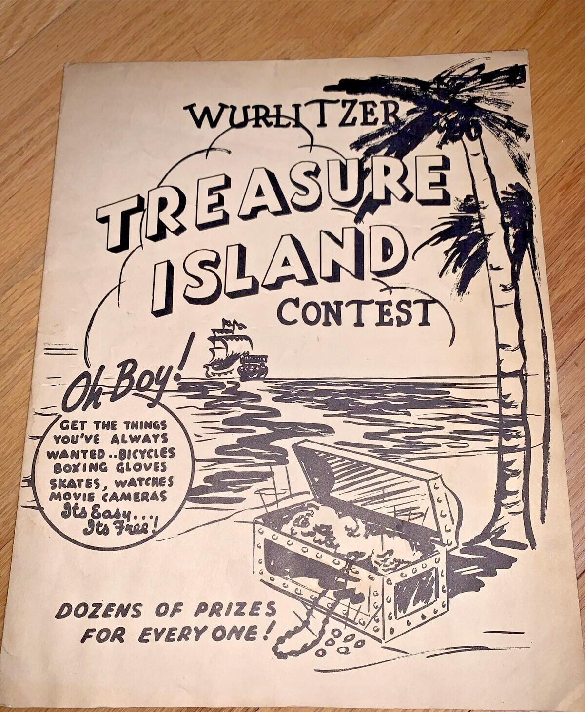 1930's WURLITZER SCHOOL OF MUSIC Poster TREASURE ISLAND CONTEST