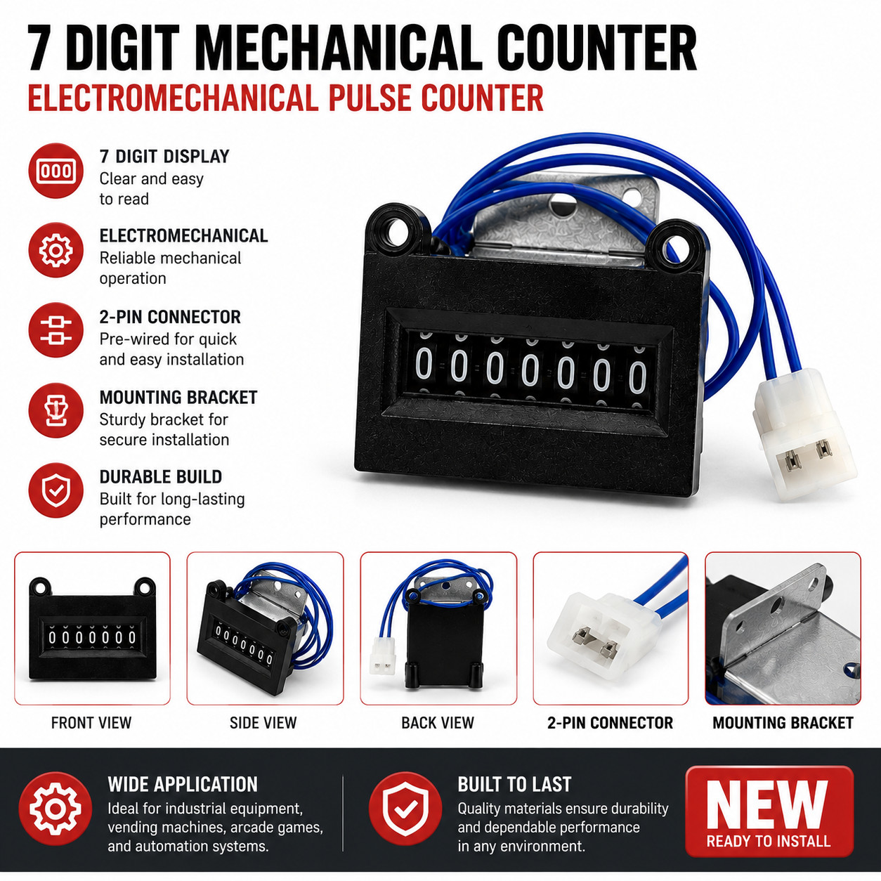 7-Digit Electromechanical Counter R23-4416 115VAC 2W Panel Mount Non-Reset
