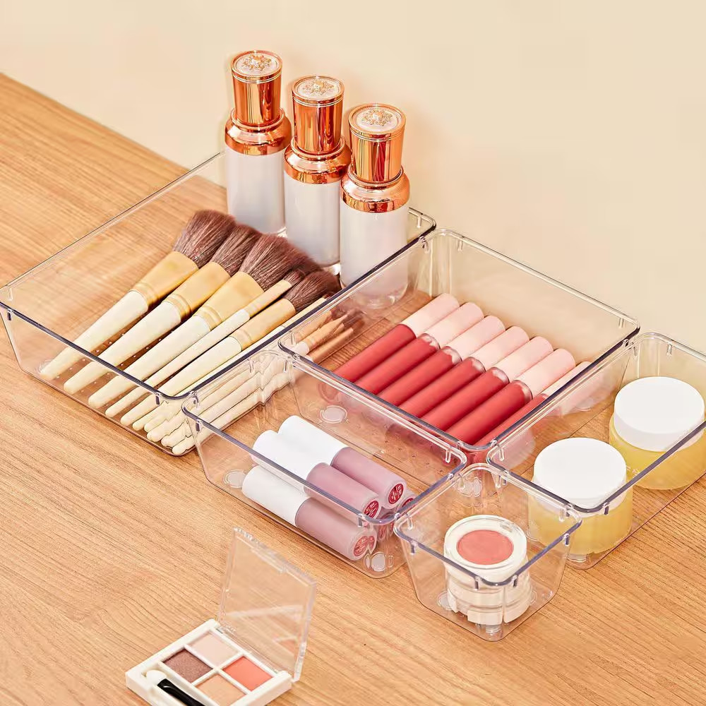 Clear Plastic 13-Piece Drawer Organizer Set with Non-Slip Pads, 5-Size Stackable