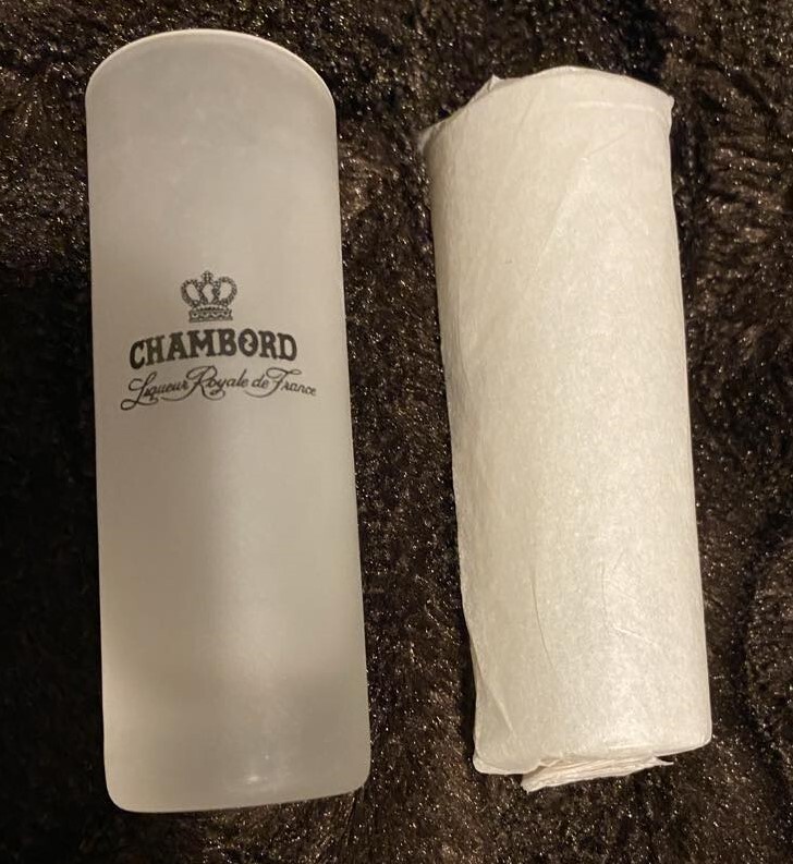 BRAND NEW PAIR OF (2) CHAMBORD PATRON SHOT GLASSES FROSTED GLASS W/ LOGO CROWN