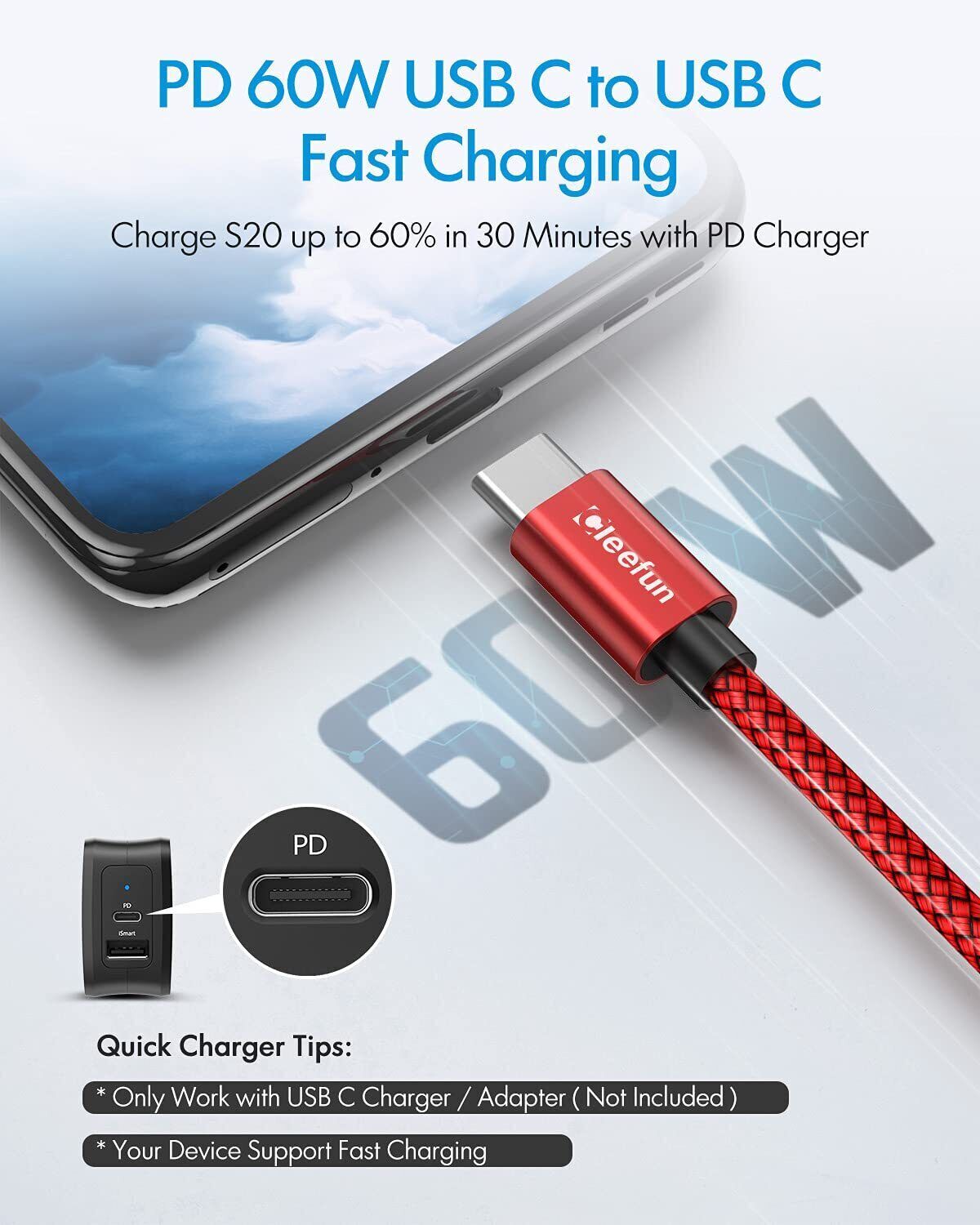 3 Pack USB-C to USB-C Cable Type-C Cable Cord Fast Charger Charging Data Sync