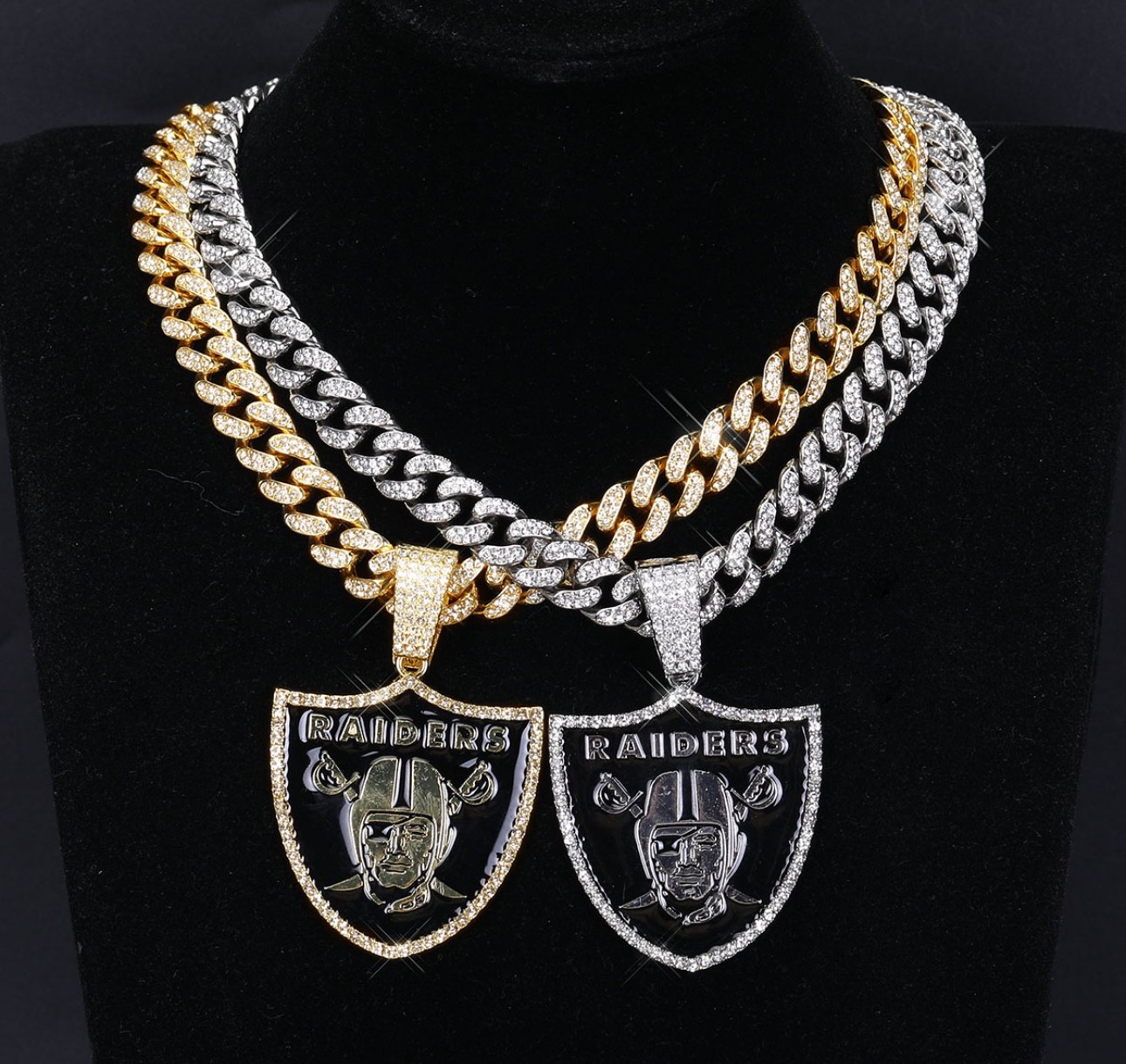 Las Vegas Raiders Gem Chain Necklace 24" Gold Silver Pendant 3.5"x3" Fan Jewelry