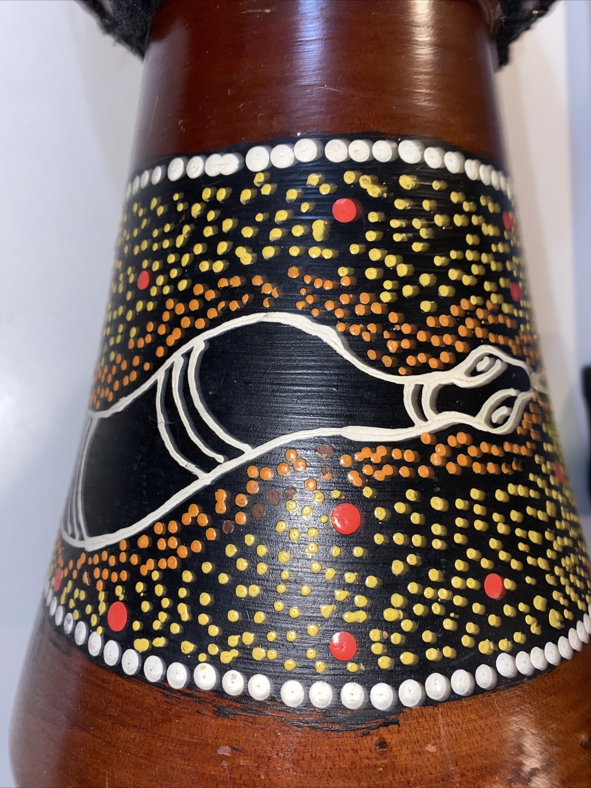 Hand Carved Djembe Solid Wood Hand Painted Python, Carrying Strap, Great Sound