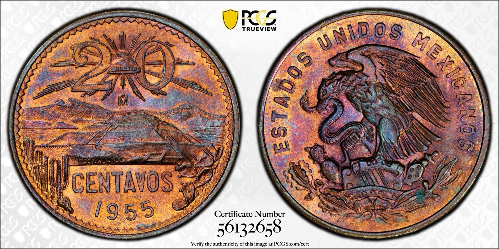 1955 Mexico Large Eagle 20 Centavos PCGSMS64RB Rare/Unique Appearance