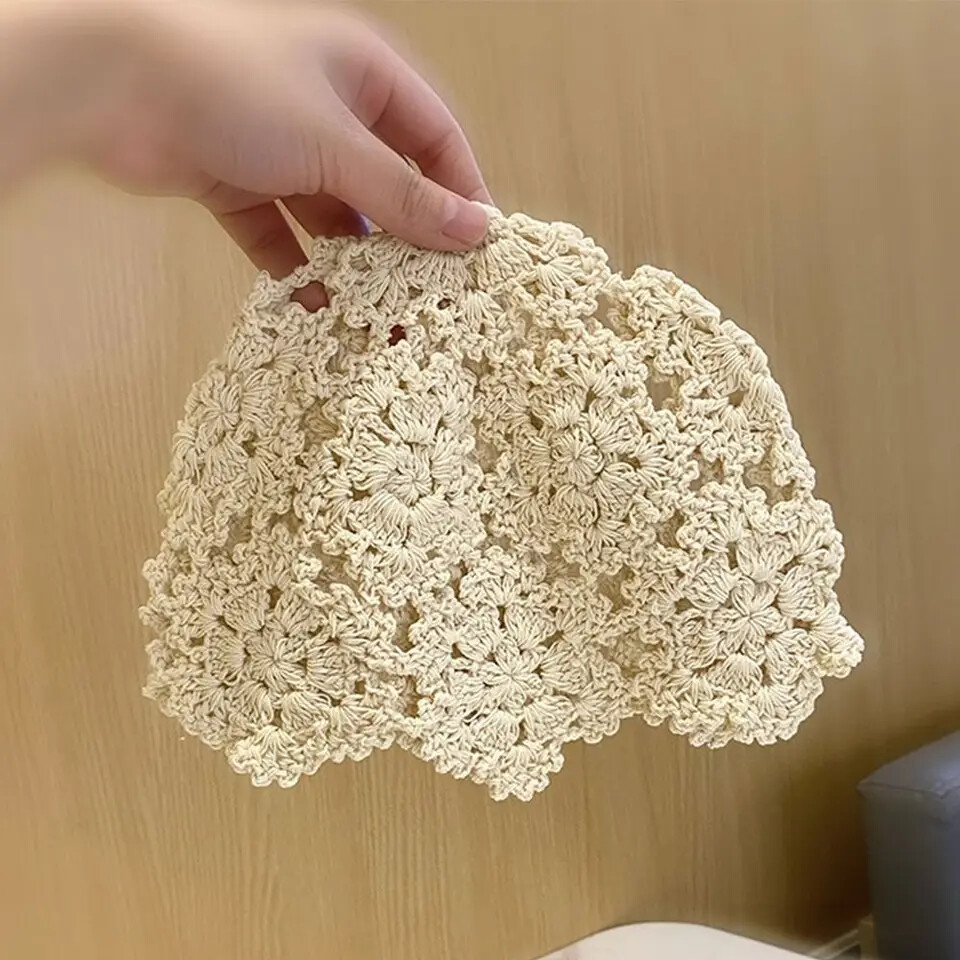 Beret Hat Lace Knit Hollow Cap for Women Summer Casual Floral Skullies Wear