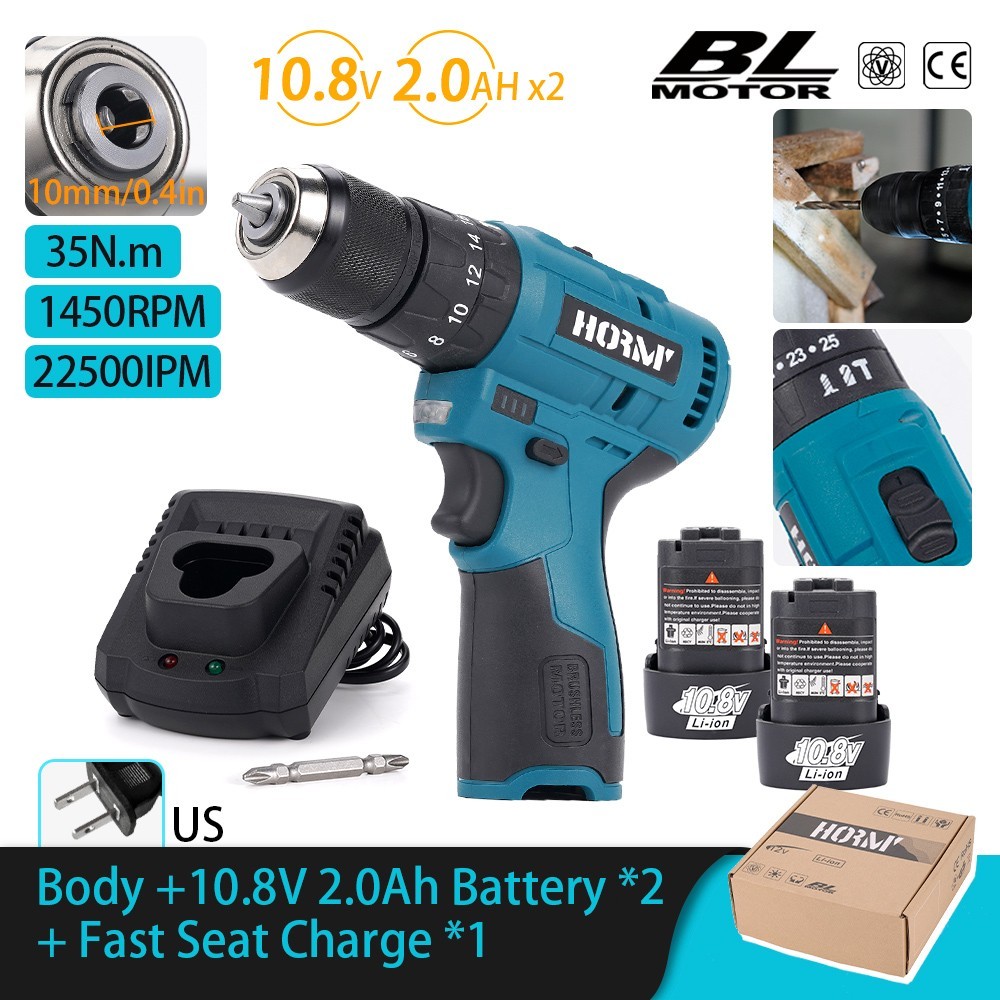 3/8" Cordless Hammer Drill/Driver Brushless with 10.8V 2 Battery & Charger US