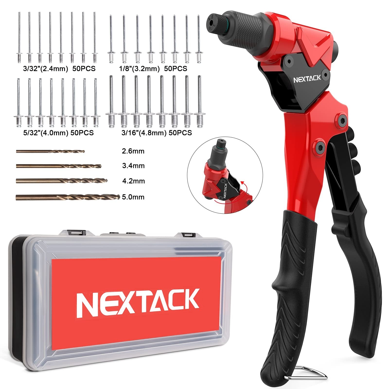 NEXTACK Heavy Duty Pop Rivet Gun Kit (NT200) – 360° Swivel Head for T