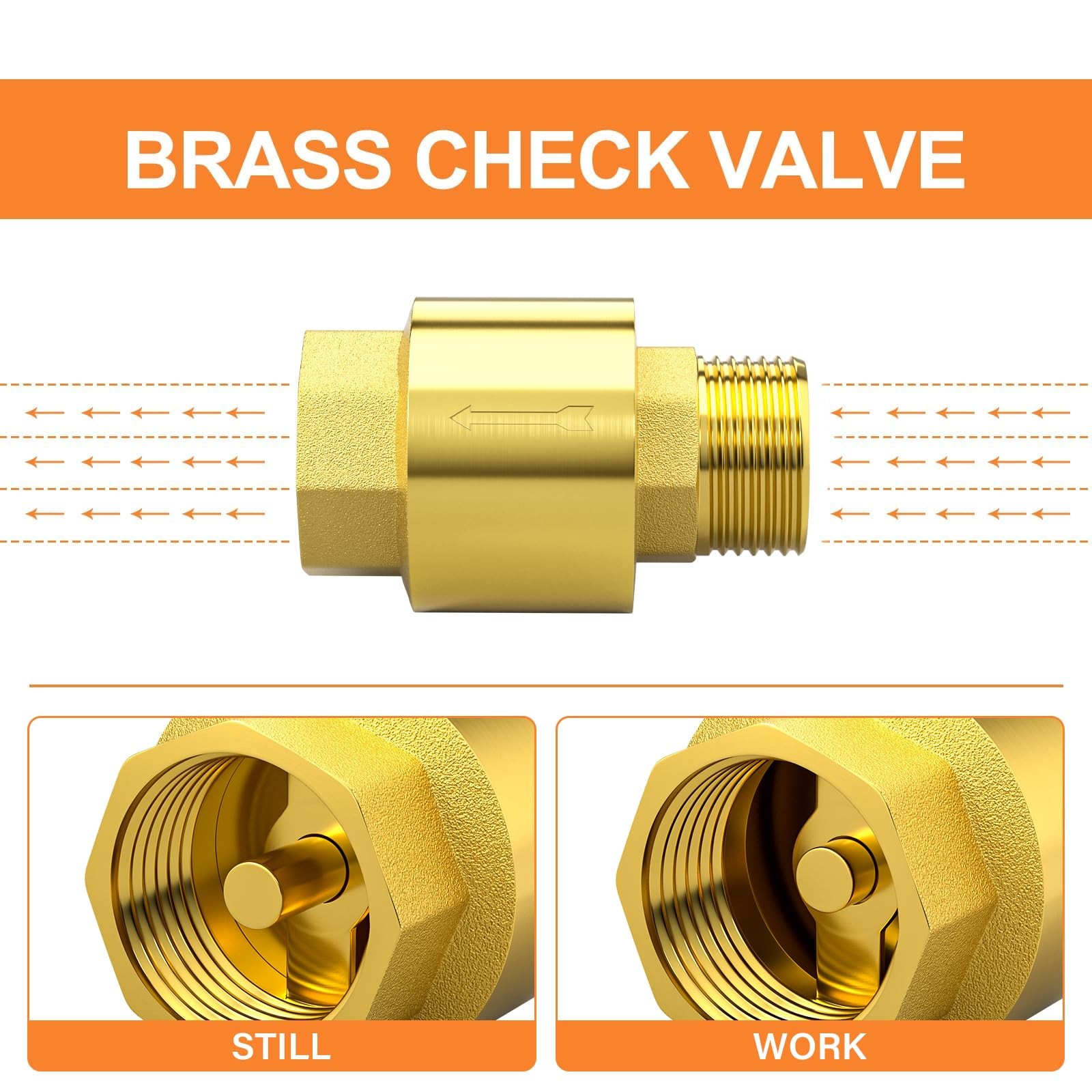 2PCS Brass Check Valve DN15 1/2 Female and Male Thread, Backflow Prevention, One