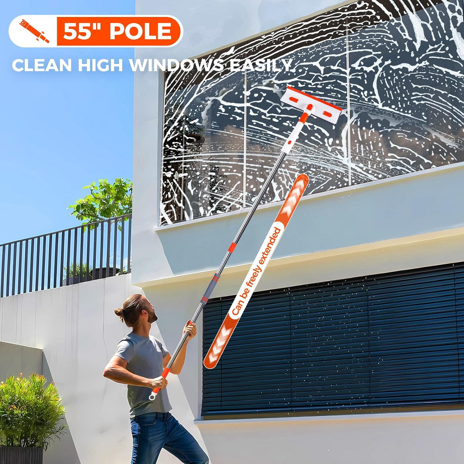 Professional Window Squeegee 2-In-1, Window Cleaner with 55" Extension Pole, Pre