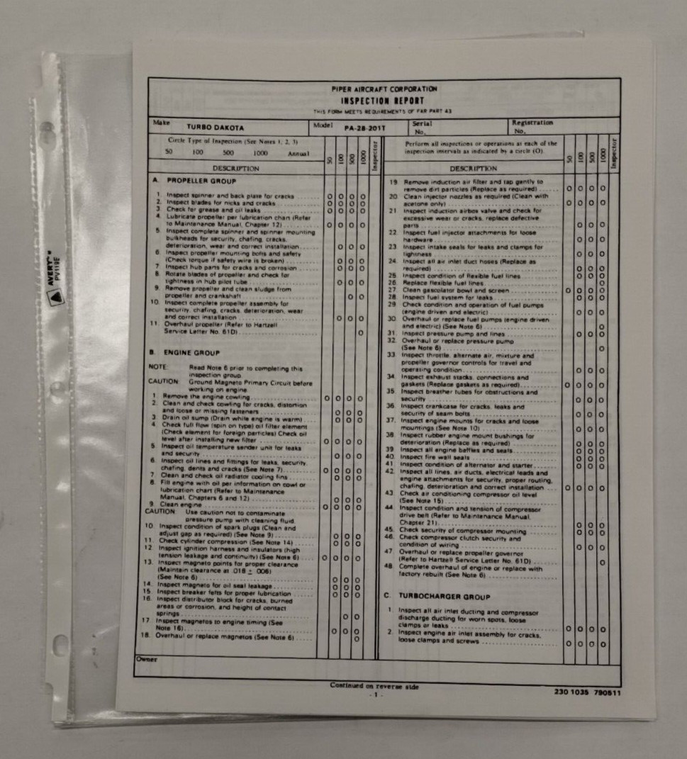 5-Sets Piper Turbo Dakota PA-28-201T Inspection Report 230-1035-Copies