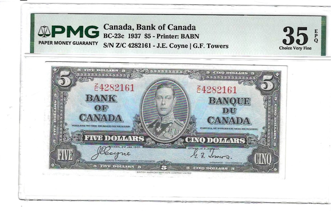 1937 $5 KGVI Bank of Canada; Coyne & Towers BC-23c PMG VF 35 EPQ