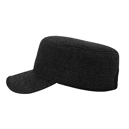 Men's Winter Baseball Cap with Ear Flaps Adjustable Cabbie Hat Wool Flat Black