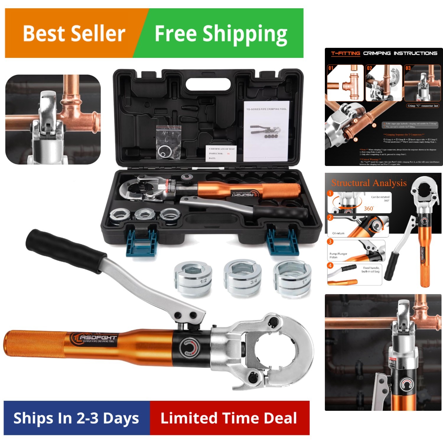 Copper Pipe Crimping Tool - with 1/2", 3/4", 1" Jaws, Copper Tube Fittings Hy...