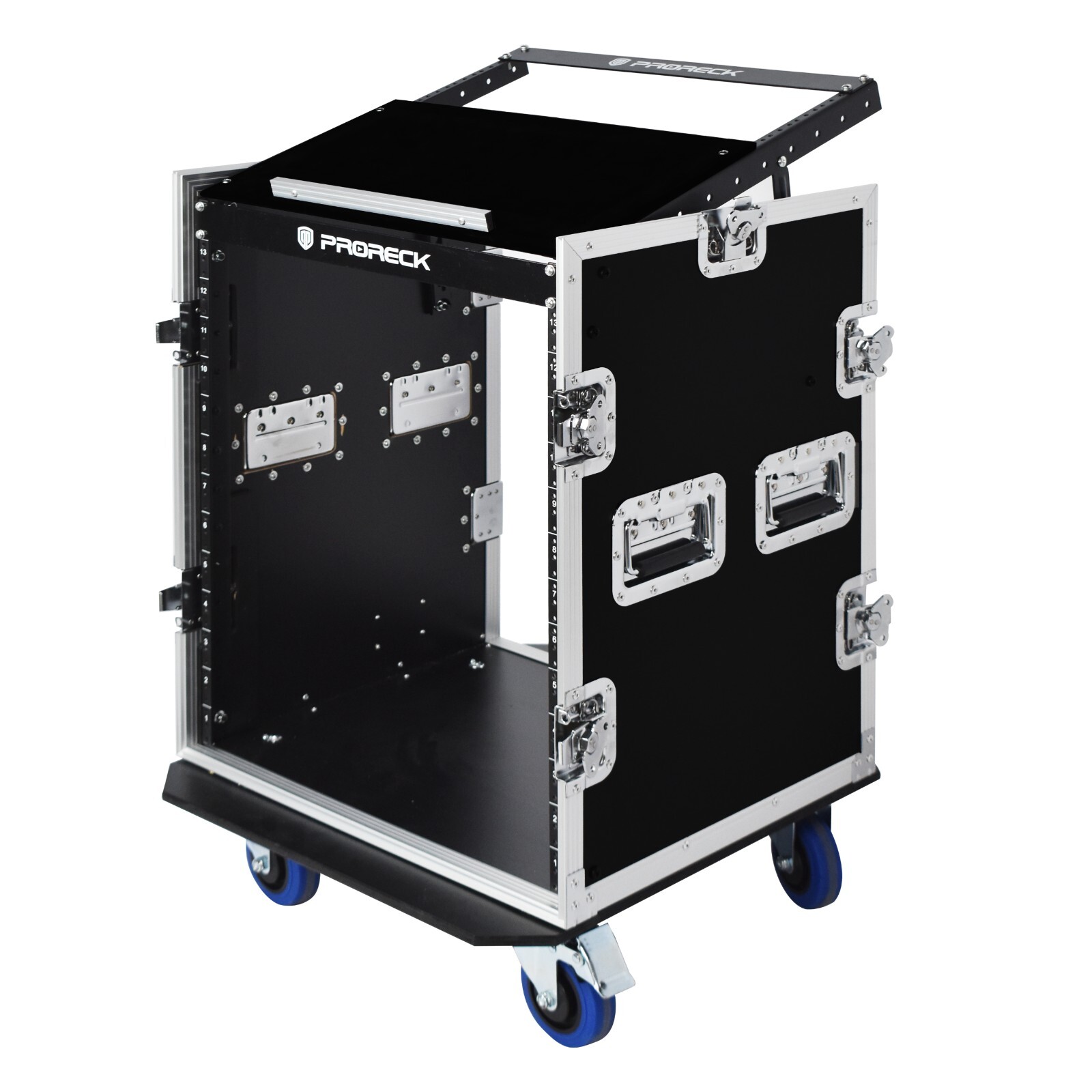 PRORECK 14U Rack Road Case With 20'' Rackable Depth Slant Mixer Top, Casters