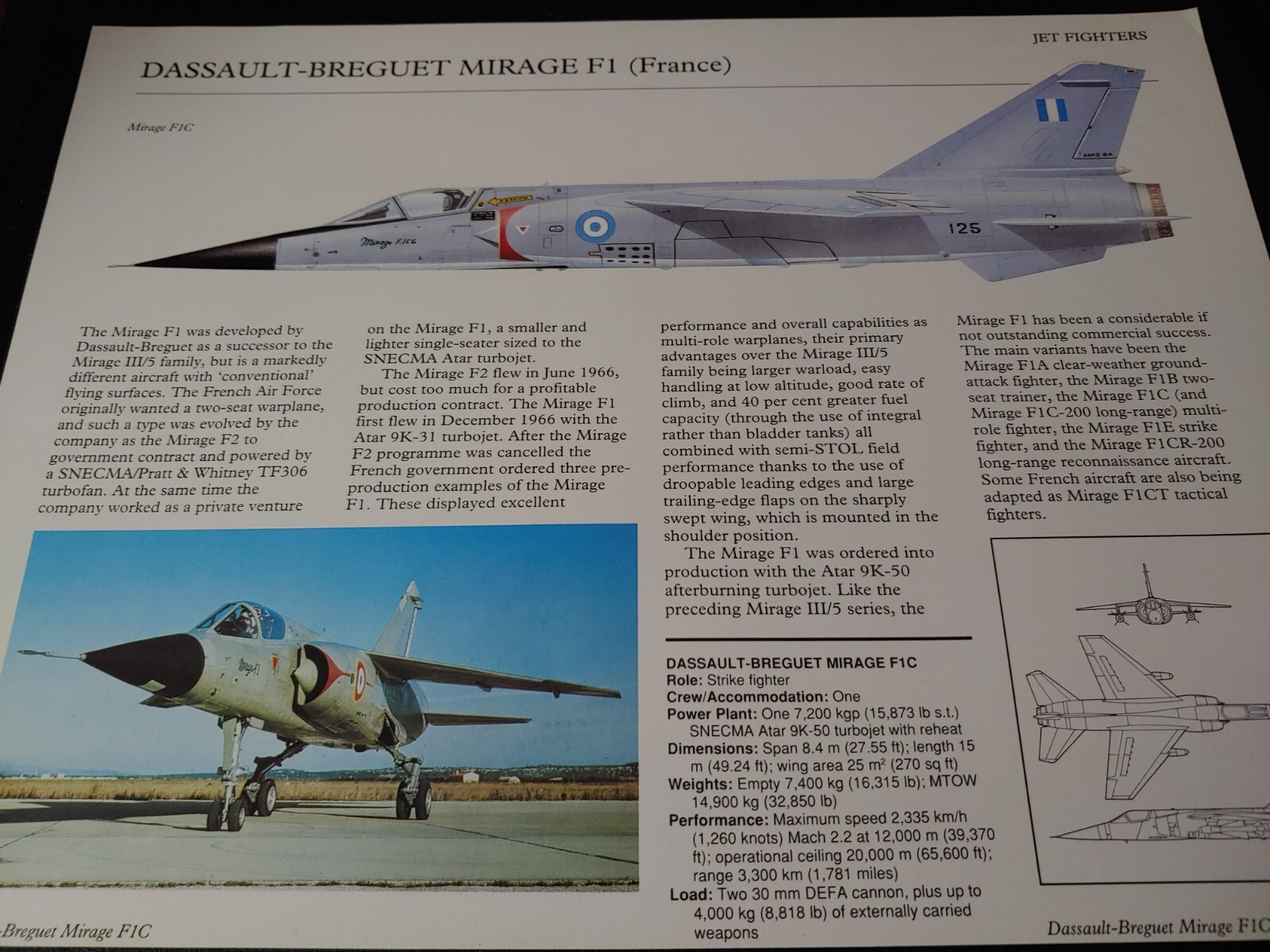Dassault Breguet Mirage Picture Out of Print Article Spec Sheet Wall Art