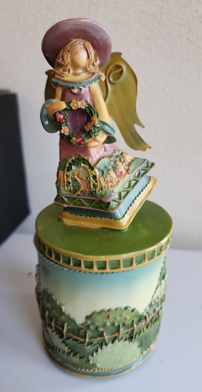 Angel w Wreath Treasure Keeper Trinket Box Floral Flowers Storage Decor 7" Tall