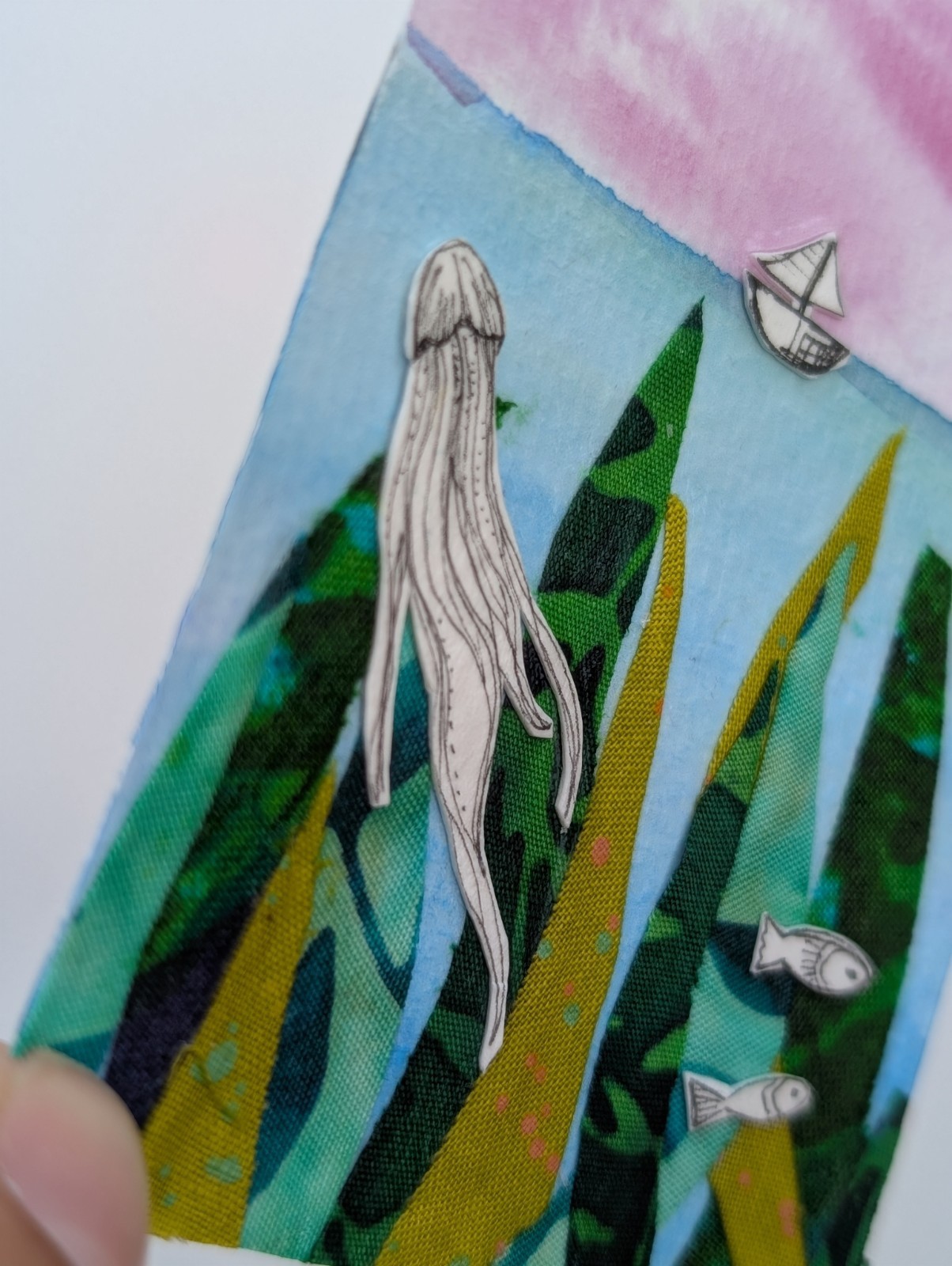 ACEO Original Art Mixed Media Boat Jellyfish Signed by artist Therecreative