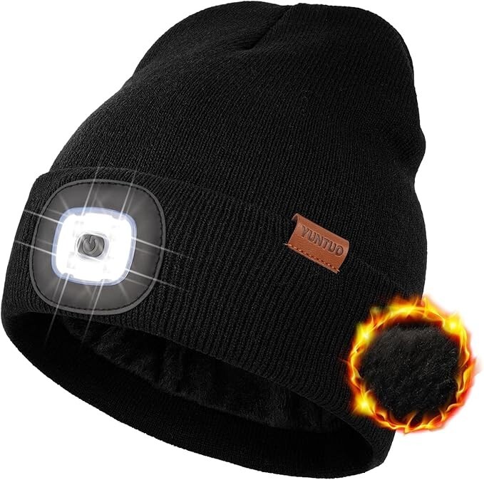 Fleece Lined Beanie Headlamp Hat with Light, Rechargeable LED Winter Cap Black