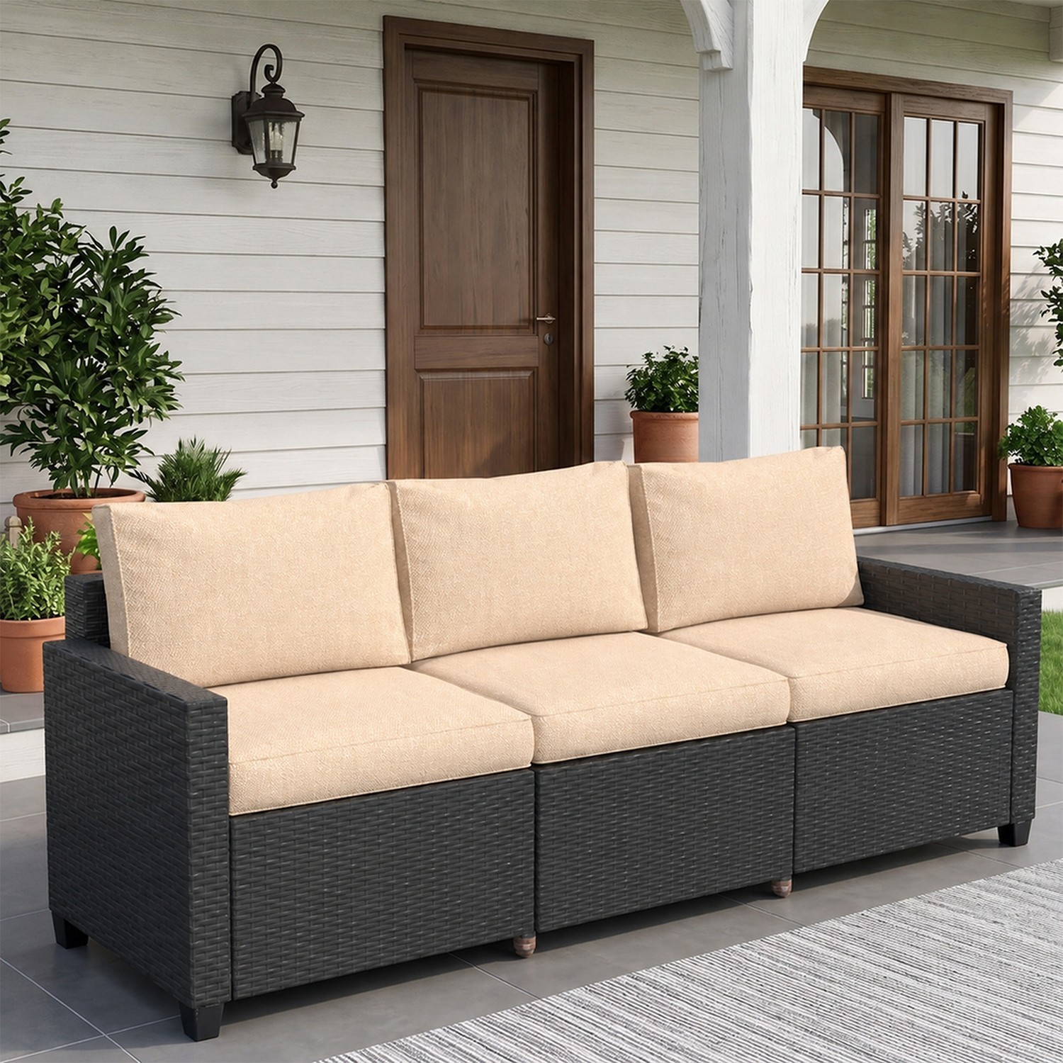 High Leg 3-Seat PE Rattan Patio Sofa, Wicker Couch with Thick Cushions