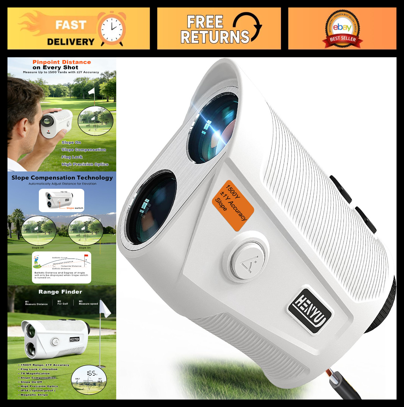 High-Precision Golf Rangefinder with Slope - 1500 Yards, Vibration, 7X Zoom, USB