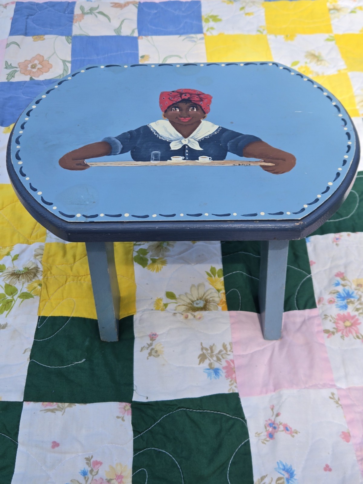Vintage Wooden African Southern Americana Painted Decorative Stool