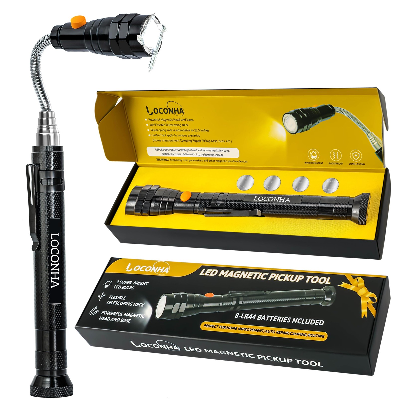 LOCONHA Magnetic Pickup Tool with LED Lights, Telescoping 1 PACK, Black