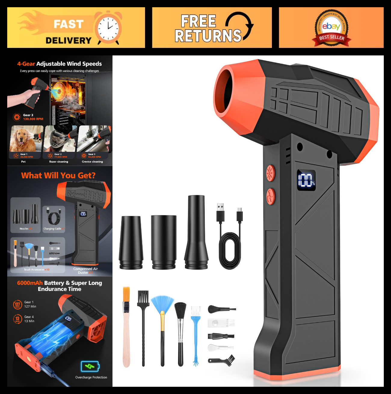 15-in-1 Cordless Electric Air Duster - 110000RPM Mini Blower, 4 Speed Levels, Re