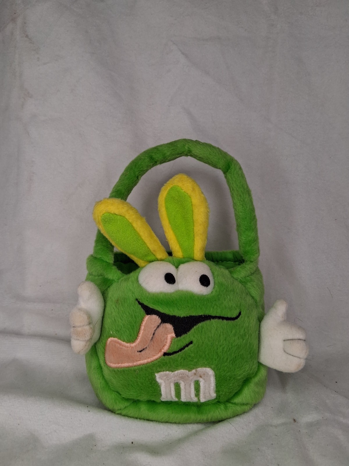 VINTAGE Green M&M w/ Bunny Ears Plush Mini Easter Basket 7"