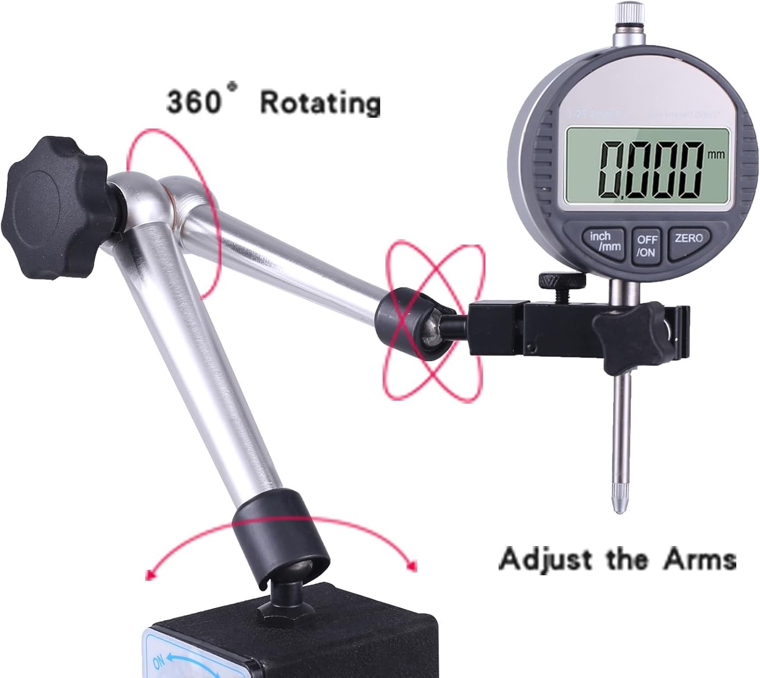 Magnetic Base Stand for Digital Dial Indicator, Three Segment, Industrial Streng