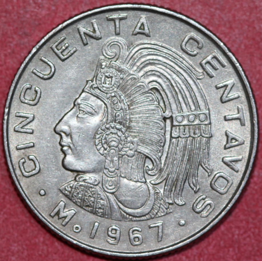 Mexico 1967 50 centavos, Aztec King Cuauhtemoc of Tenochtitlan-Foreign Coin 25mm