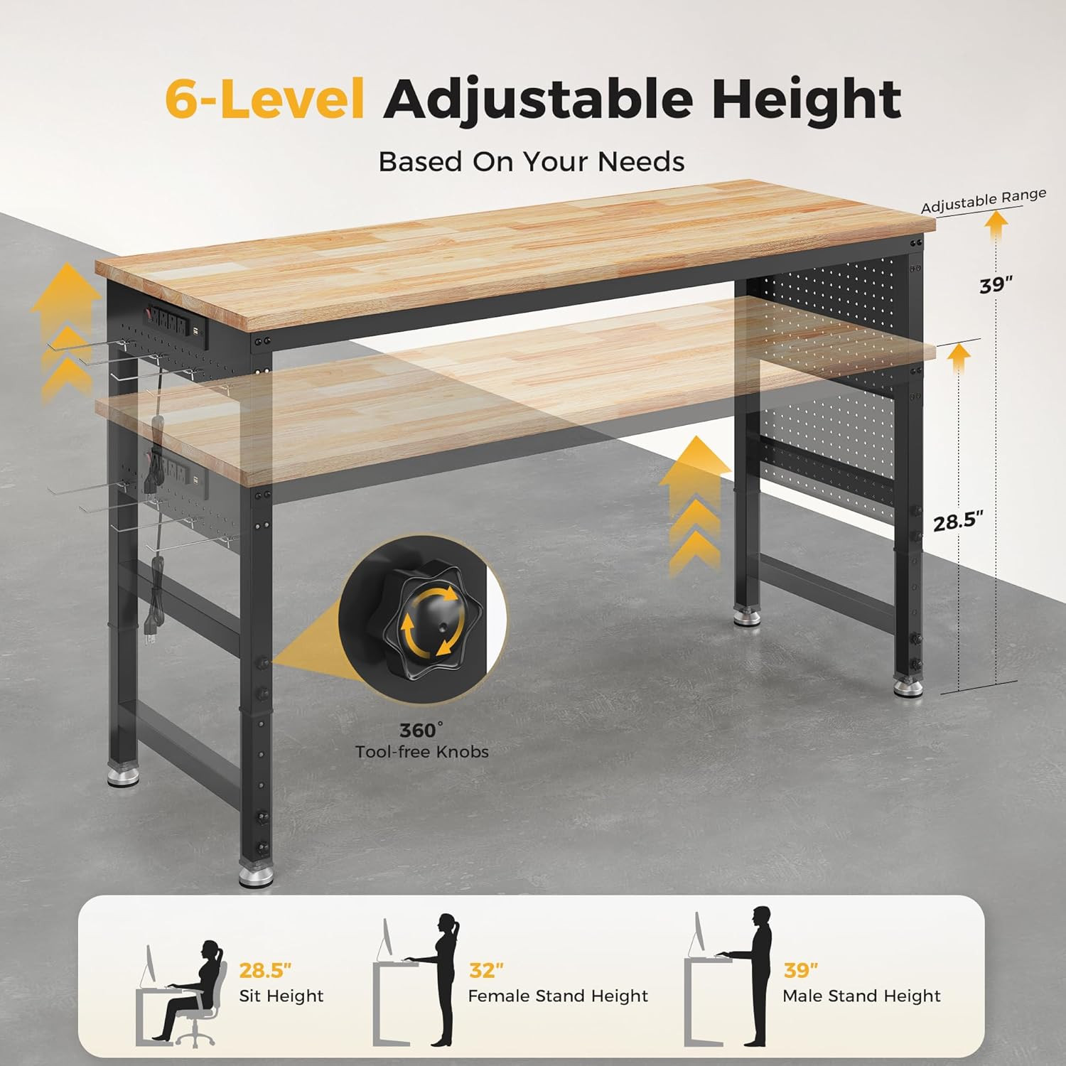 60" Adjustable Heavy Duty Workbench, 2000 LBS Load Capacity Rubber Wood Work Tab