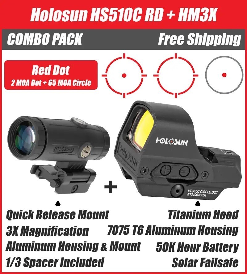 HOLOSUN HS510C Open Reflex Red Dot Sight with HM3X Magnifier Combo 510C+HM3X
