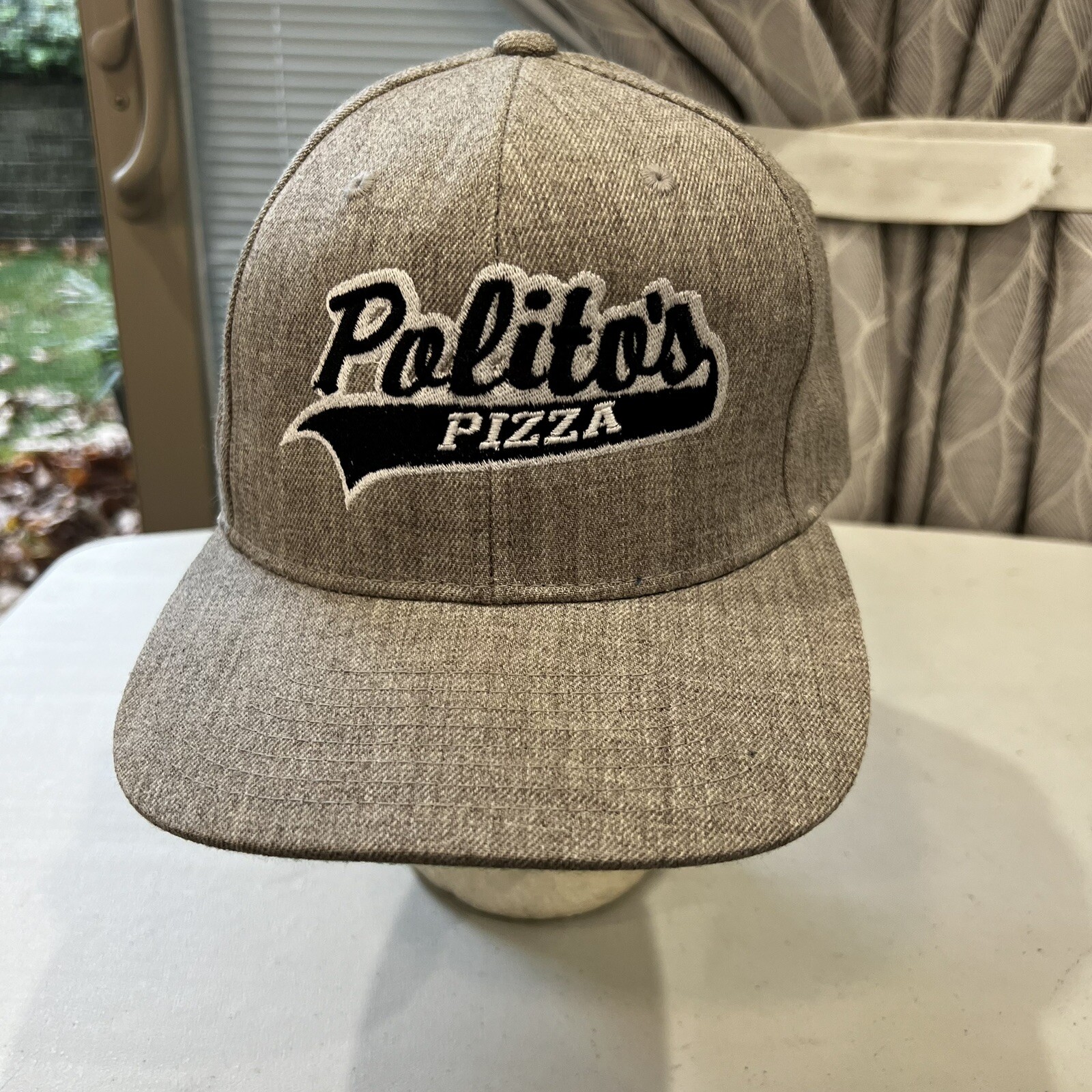 Polito’s Pizza In Black and White on Heather Gray Fabric Hat Cap Snapback EUC